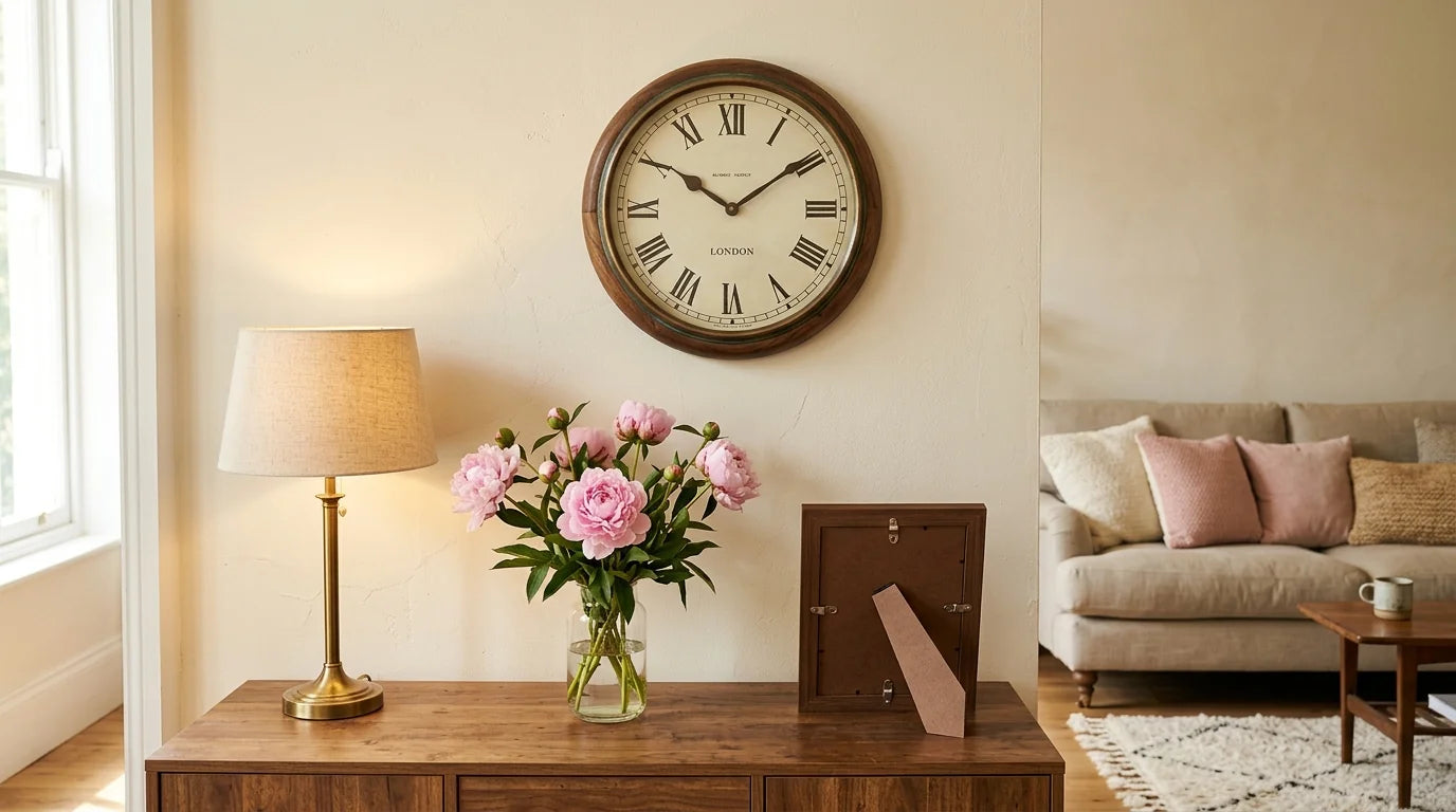 Intérieur classique de jeunes mariés avec horloge murale vintage en bois patiné
