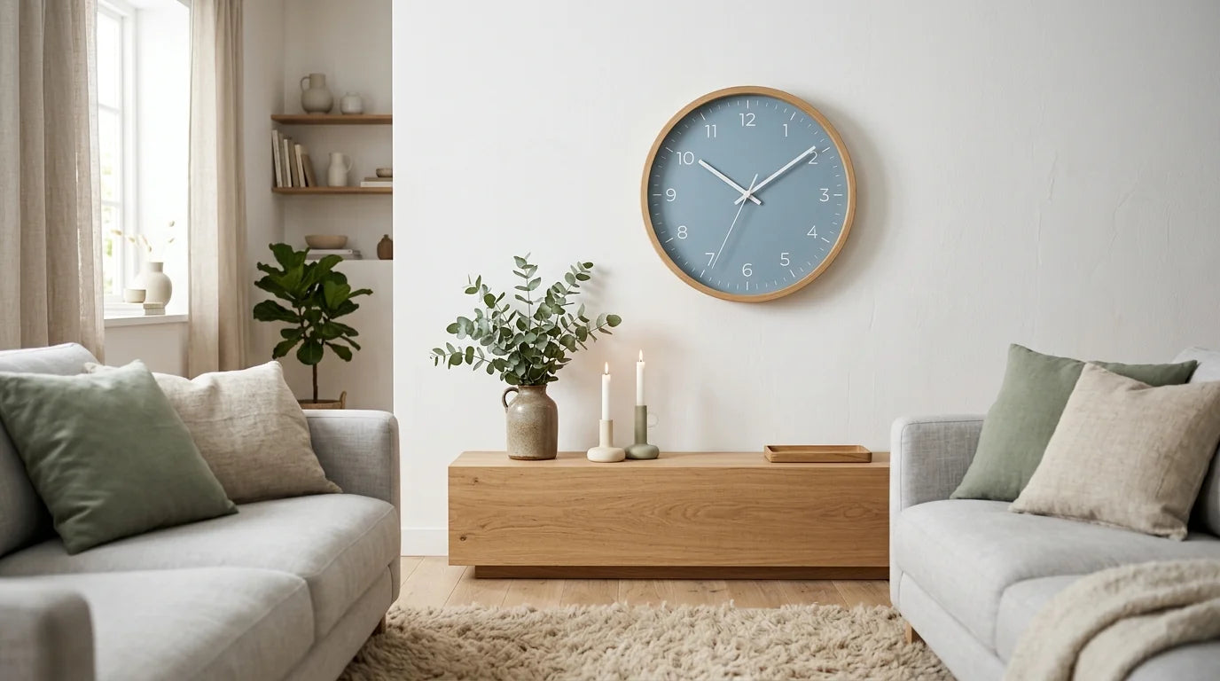 Salon scandinave de jeunes mariés avec horloge murale Bleu Nordique épurée