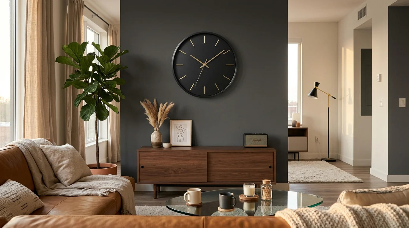Salon de jeunes mariés urbains avec horloge murale design noir contemporaine