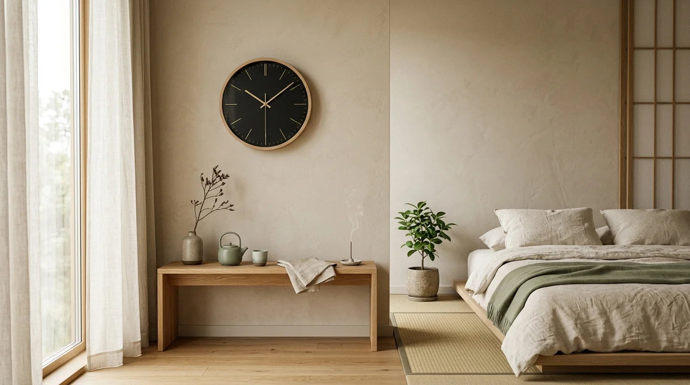 Chambre zen japandi avec horloge murale silencieuse pour maman amatrice de bien-être