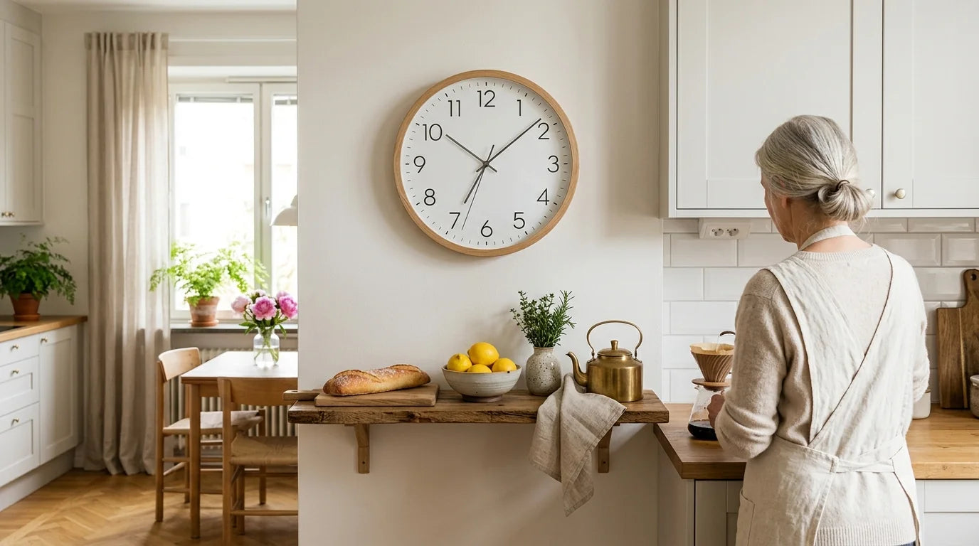 Maman cuisine scandinave avec horloge murale en bois clair cadeau Fête des Mères