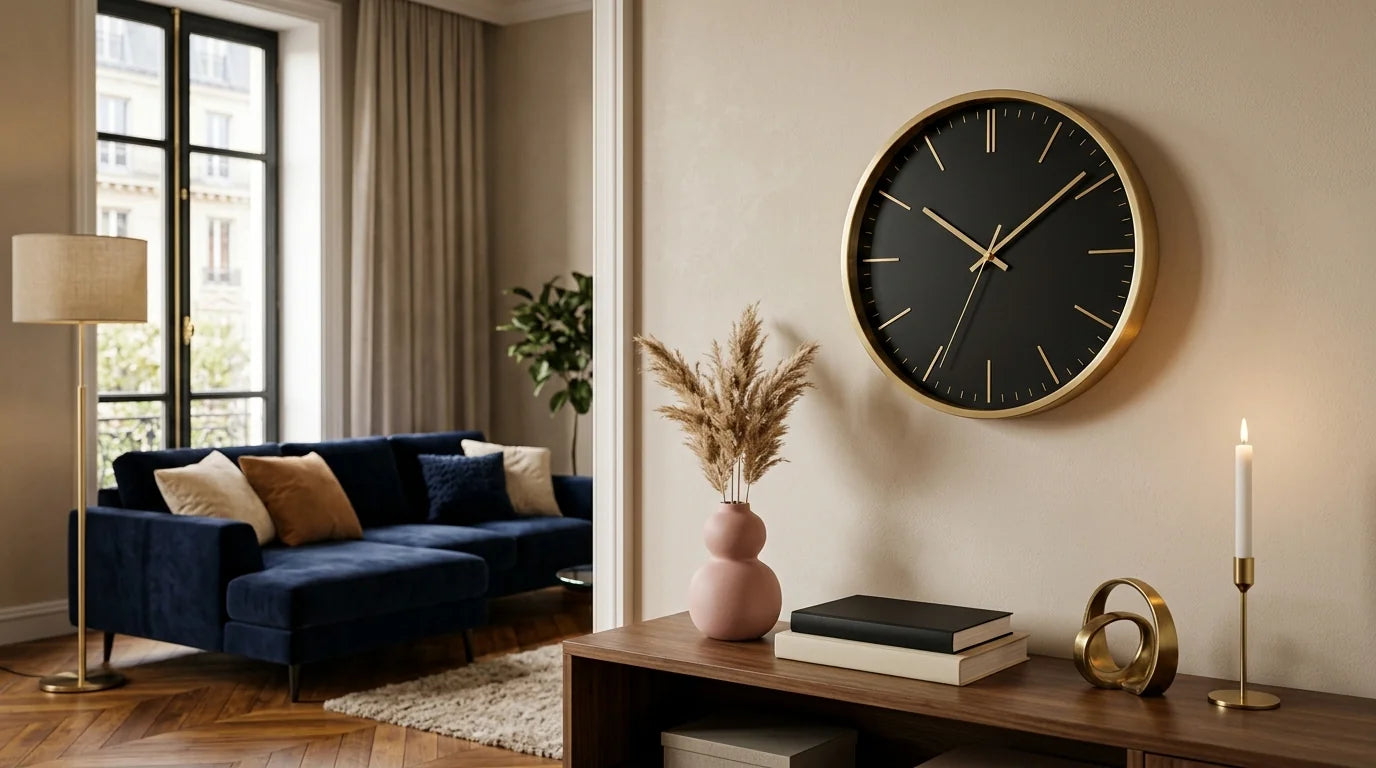 Salon moderne avec horloge murale design statement pour maman stylée Fête des Mères