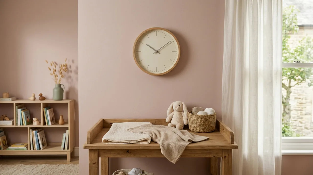 Horloge murale silencieuse dans une chambre de bébé aux tons doux comme cadeau de naissance
