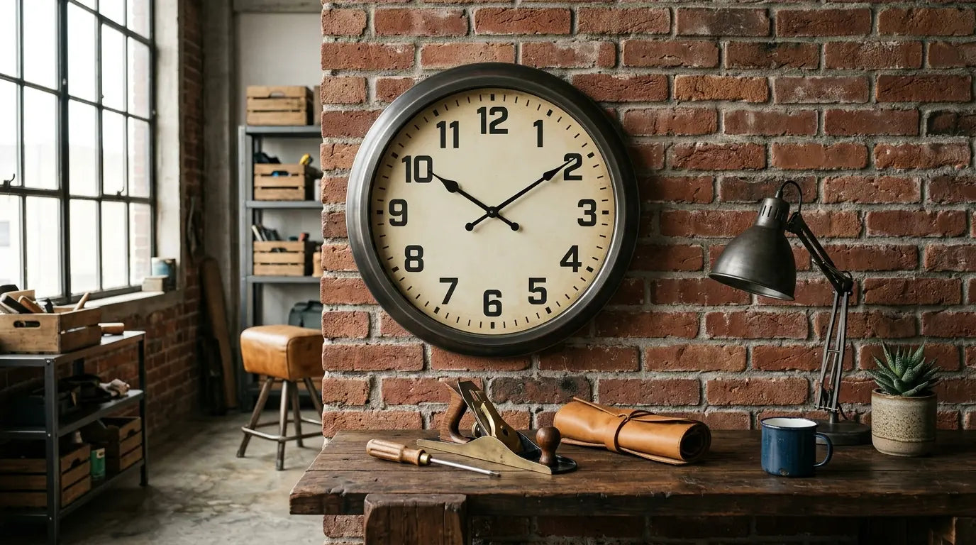 Atelier industriel masculin avec horloge murale métal cadeau pour papa caractère