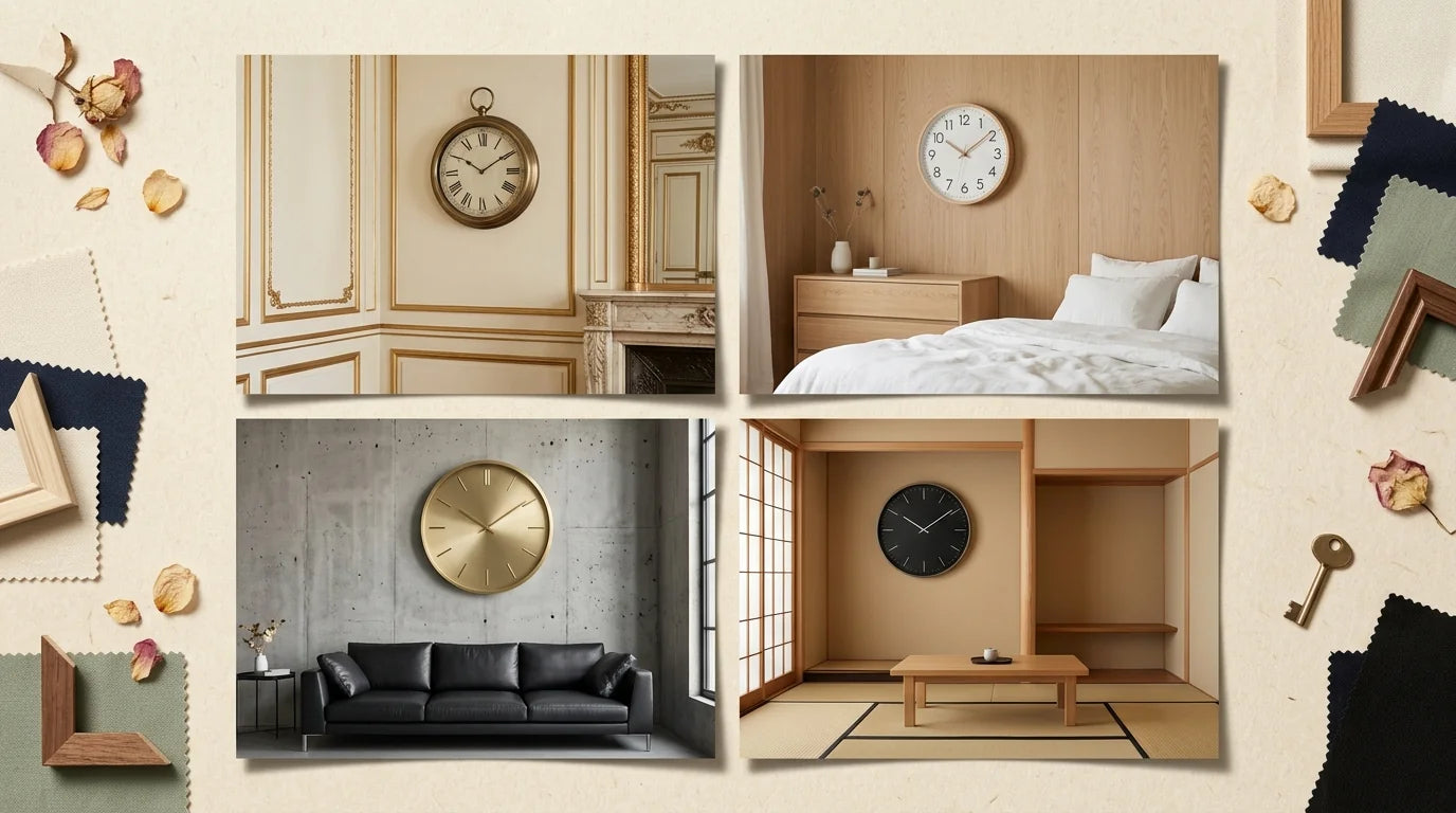 Mood board de 4 associations réussies de cadrans d'horloge avec différents styles déco