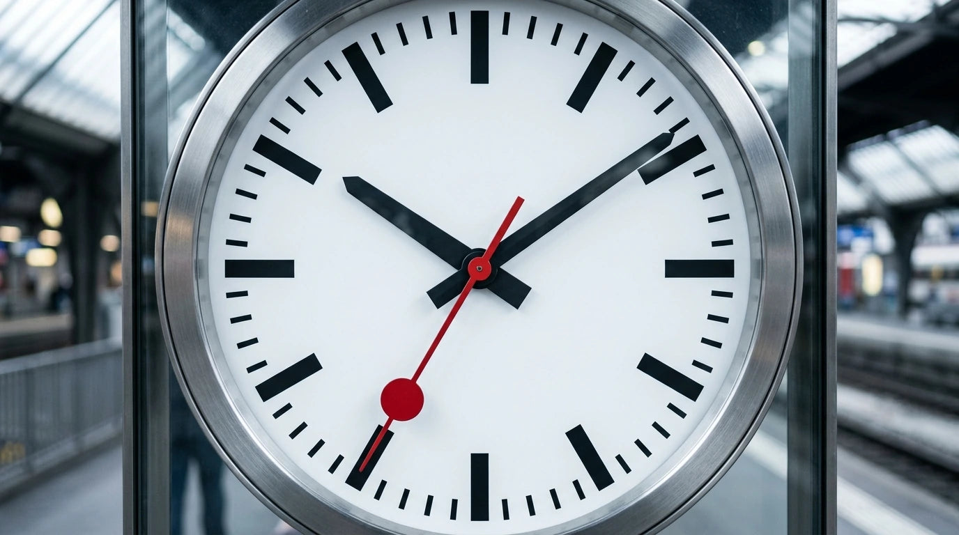 Détail d'un cadran d'horloge de gare avec barres noires et trotteuse rouge très contrastées