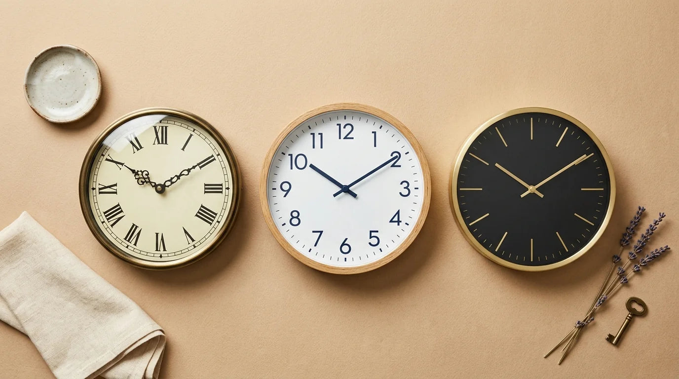 Macro détaillé de 3 types de cadrans d'horloge romain arabe et sans chiffres
