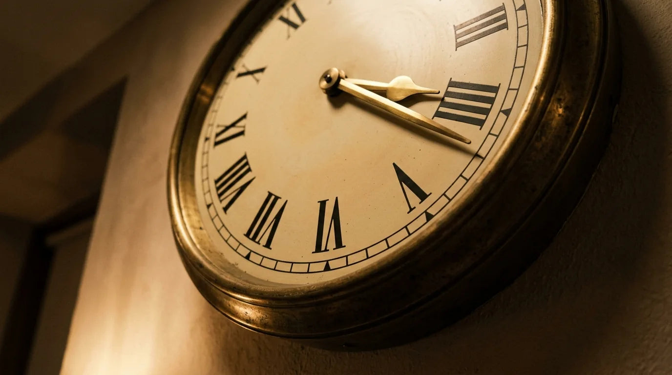 Cadran d'horloge vu de biais évoquant la lisibilité du IIII en position basse pratique