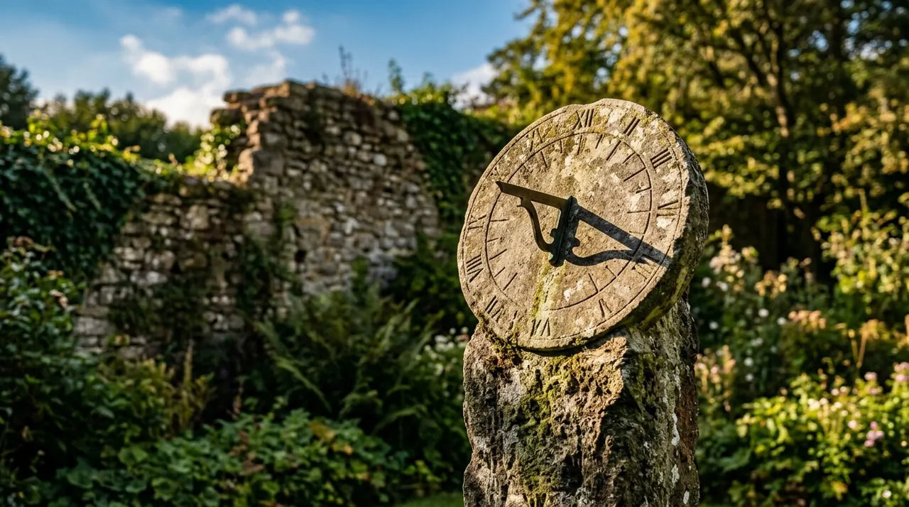 Cadran solaire antique en pierre avec gnomon et ombre circulaire illustrant l'origine du cadran rond