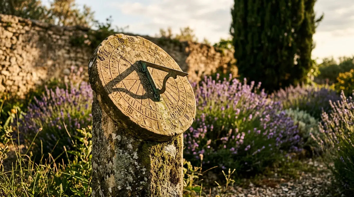 Cadran solaire ancien dans un jardin mesurant le temps par l'ombre du gnomon