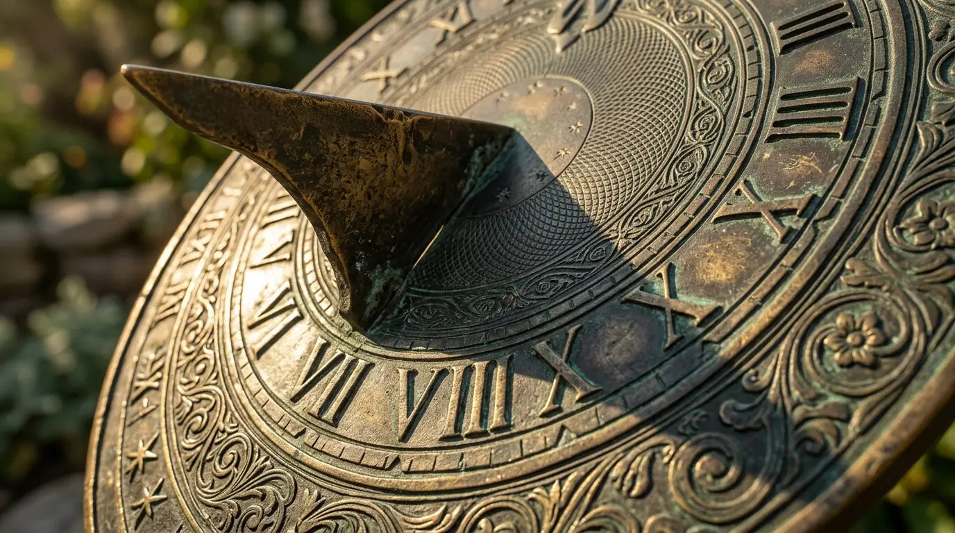 Gros plan d'un cadran solaire avec l'ombre du gnomon montrant le sens horaire