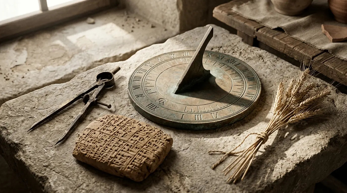 Cadran solaire ancien et tablette babylonienne évoquant l'origine du 60 minutes