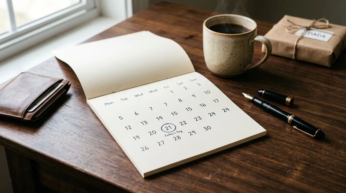 Calendrier de juin 2026 avec le 21 entouré pour la Fête des Pères et la commande à temps
