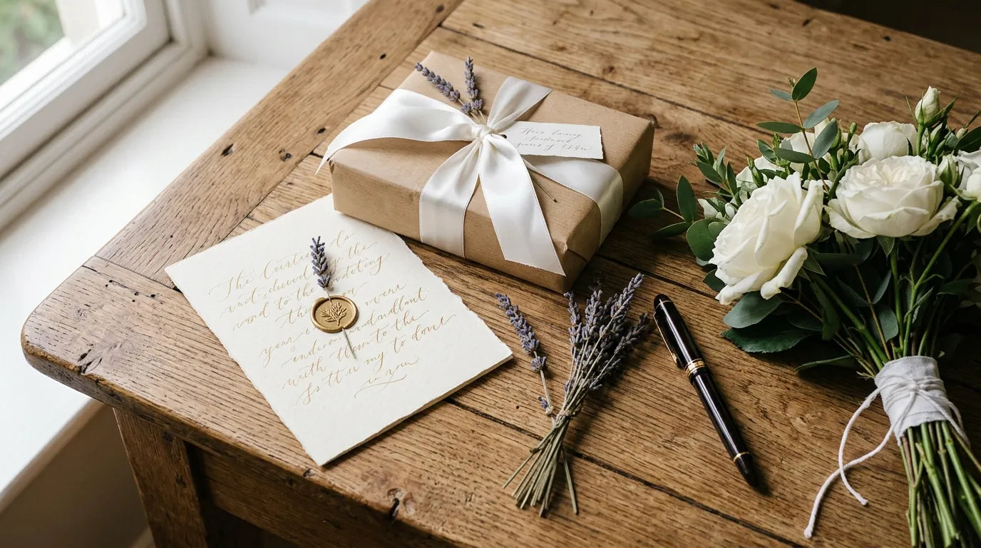 Carte de cadeau mariage manuscrite près d'un emballage horloge pour jeunes mariés