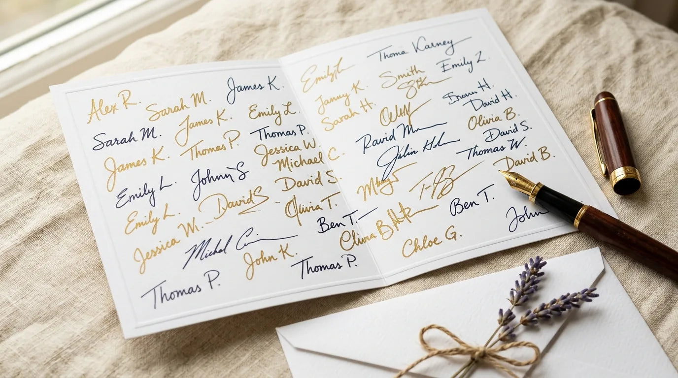 Carte de cadeau retraite avec multiples signatures de l'équipe et message manuscrit