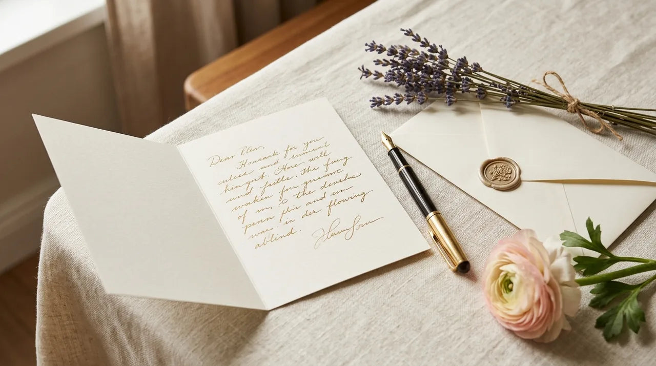 Carte manuscrite de félicitations pour un diplôme posée sur une enveloppe