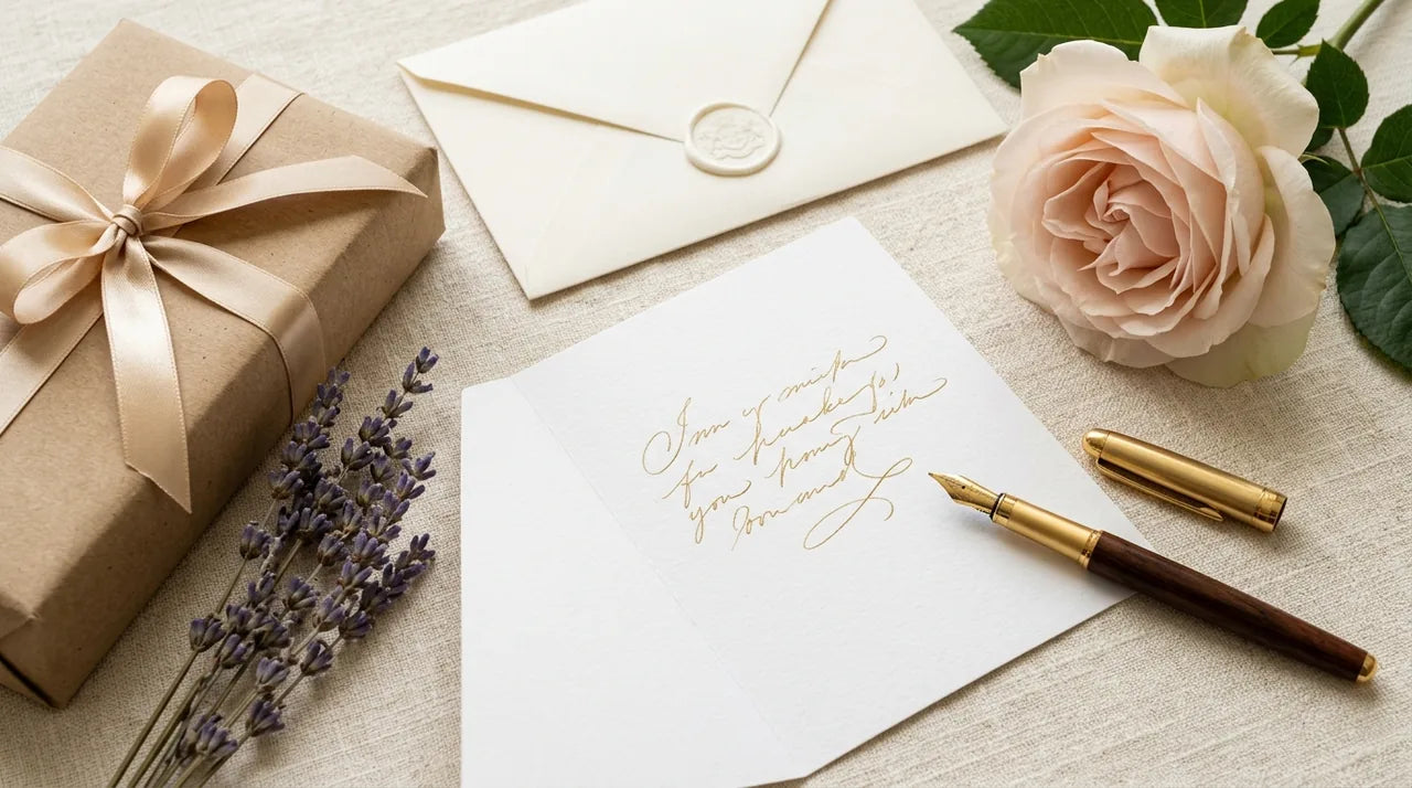 Carte manuscrite et emballage soigné pour un cadeau anniversaire de couple avec mots personnels