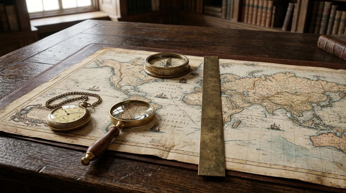 Carte du monde ancienne évoquant la division en fuseaux horaires depuis Greenwich