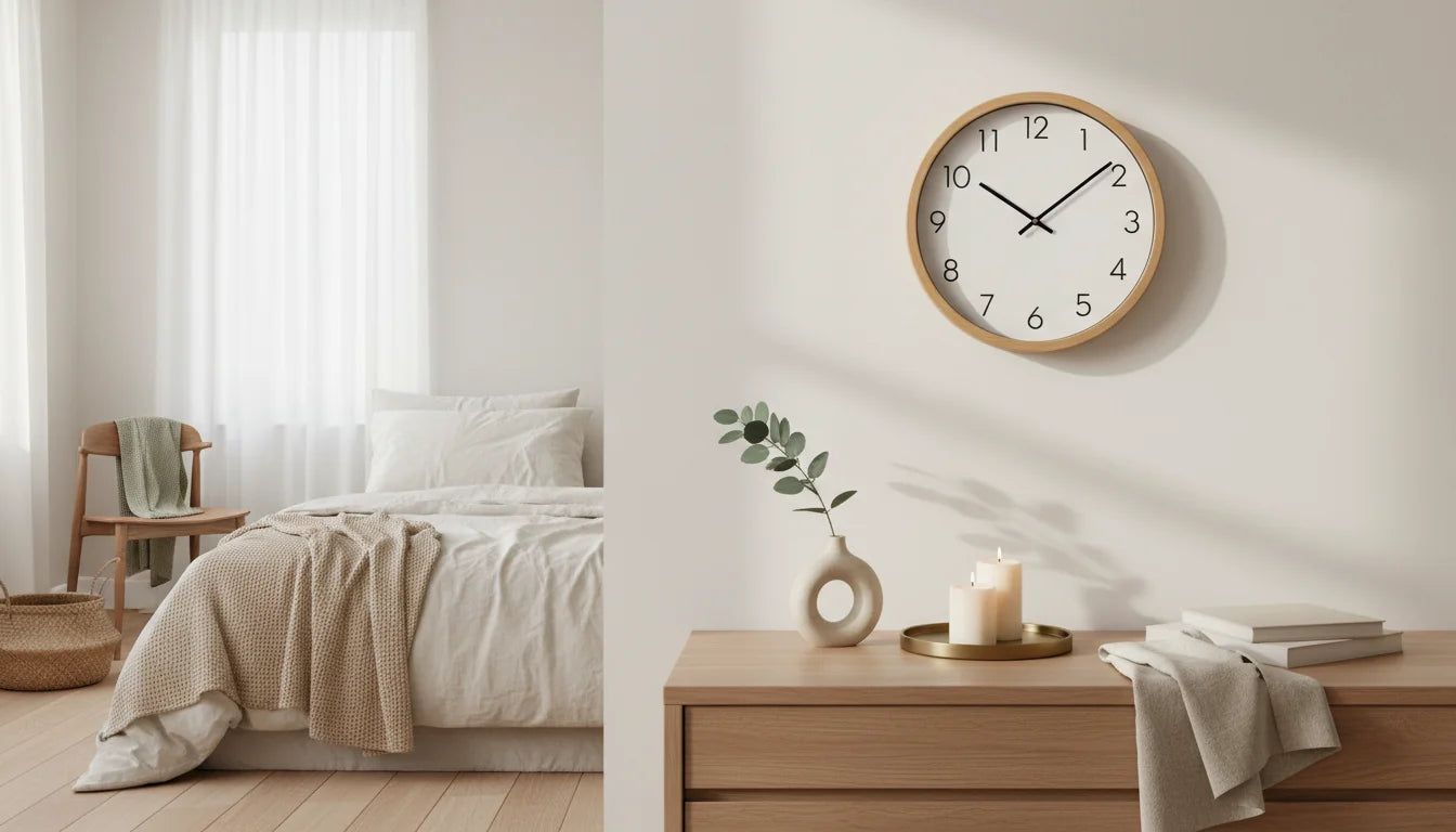 Chambre baignée de lumière naturelle douce avec horloge silencieuse et livre