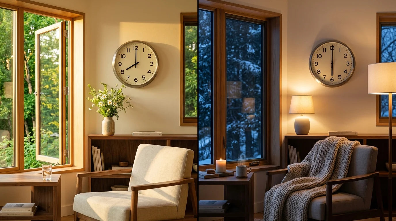 Changement d'heure été hiver illustré par deux ambiances jour et nuit autour d'une horloge