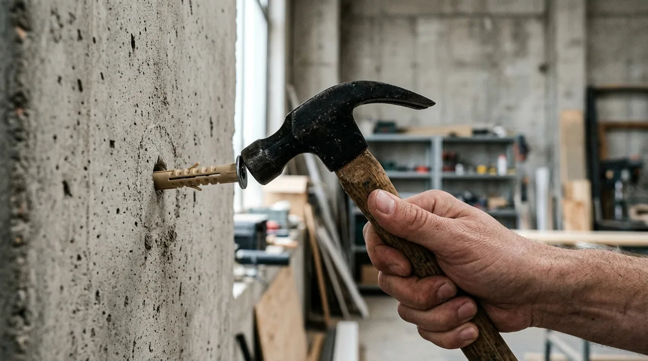 Installation d'une cheville à frapper dans un mur béton pour fixer une horloge