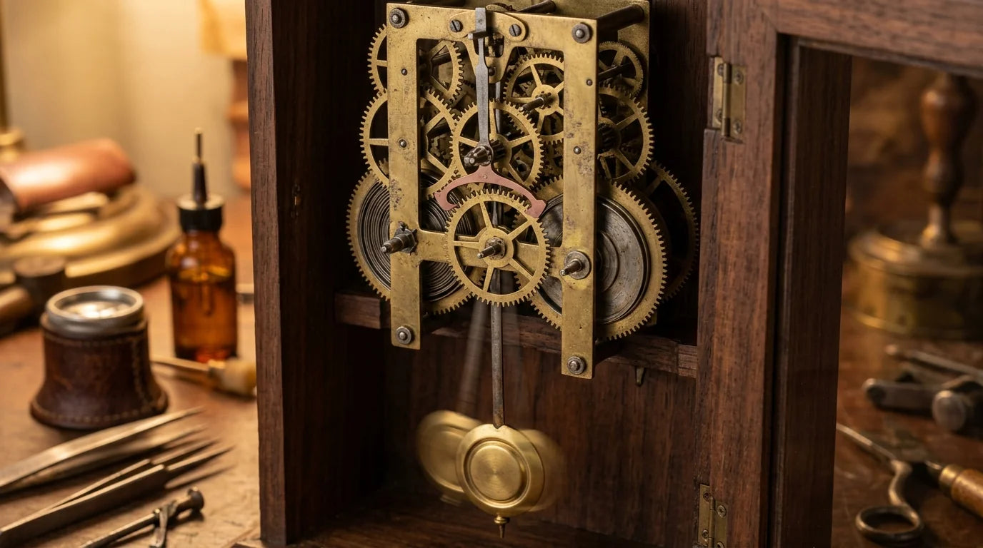 Mécanisme d'horloge à pendule historique avec balancier en laiton