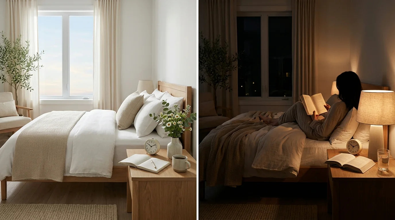 Chronotypes alouette et hibou couche-tôt vs couche-tard avec horloge et lit en comparaison