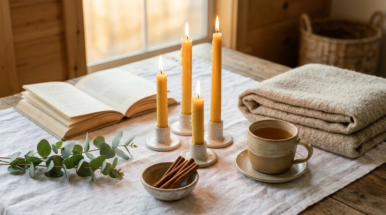 Codes de l'ambiance hygge avec bougies lin bois clair et lumière douce style scandinave
