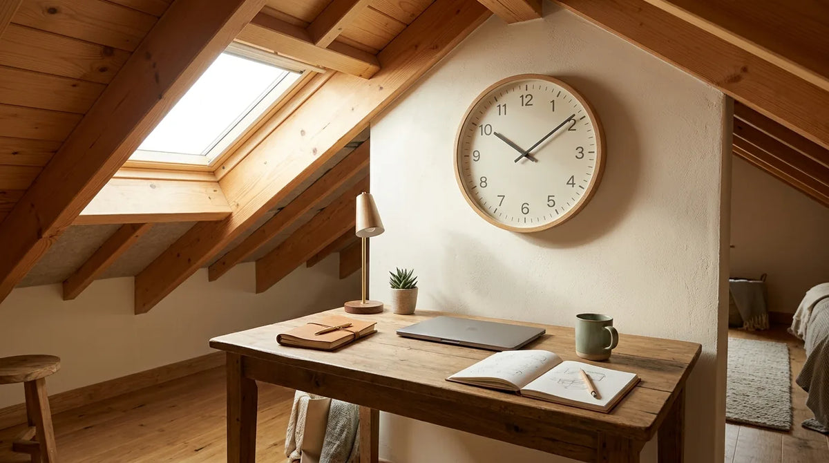 Coin bureau aménagé sous une mansarde avec horloge murale et Velux pour la lumière