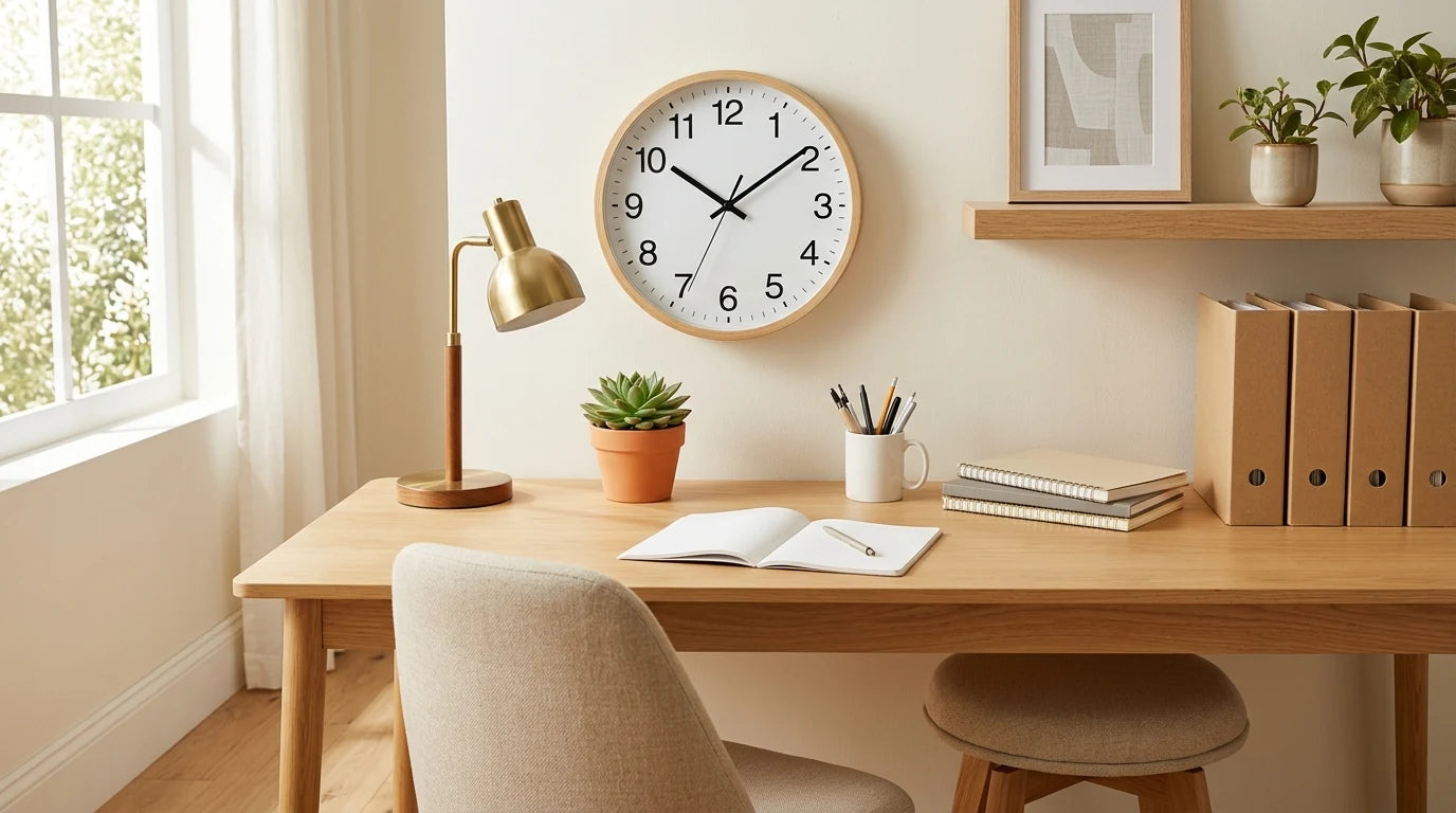 Coin étude à la maison avec horloge murale pour les devoirs concentration bureau lumineux rentrée