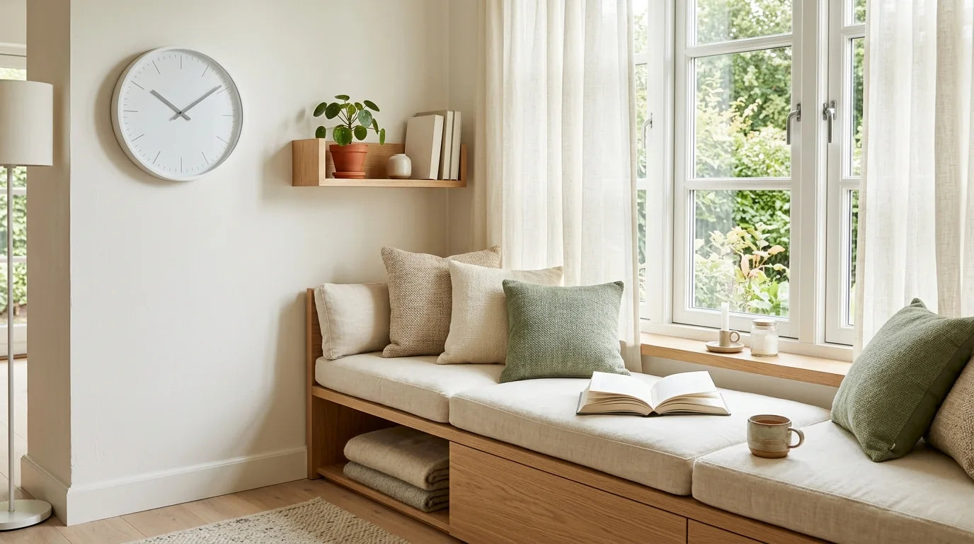 Coin lecture scandinave près d'une fenêtre lumineuse avec banquette coussins lin blanc