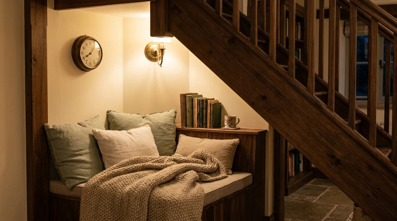 Coin lecture intime aménagé sous un escalier avec lampe cocooning et horloge compacte