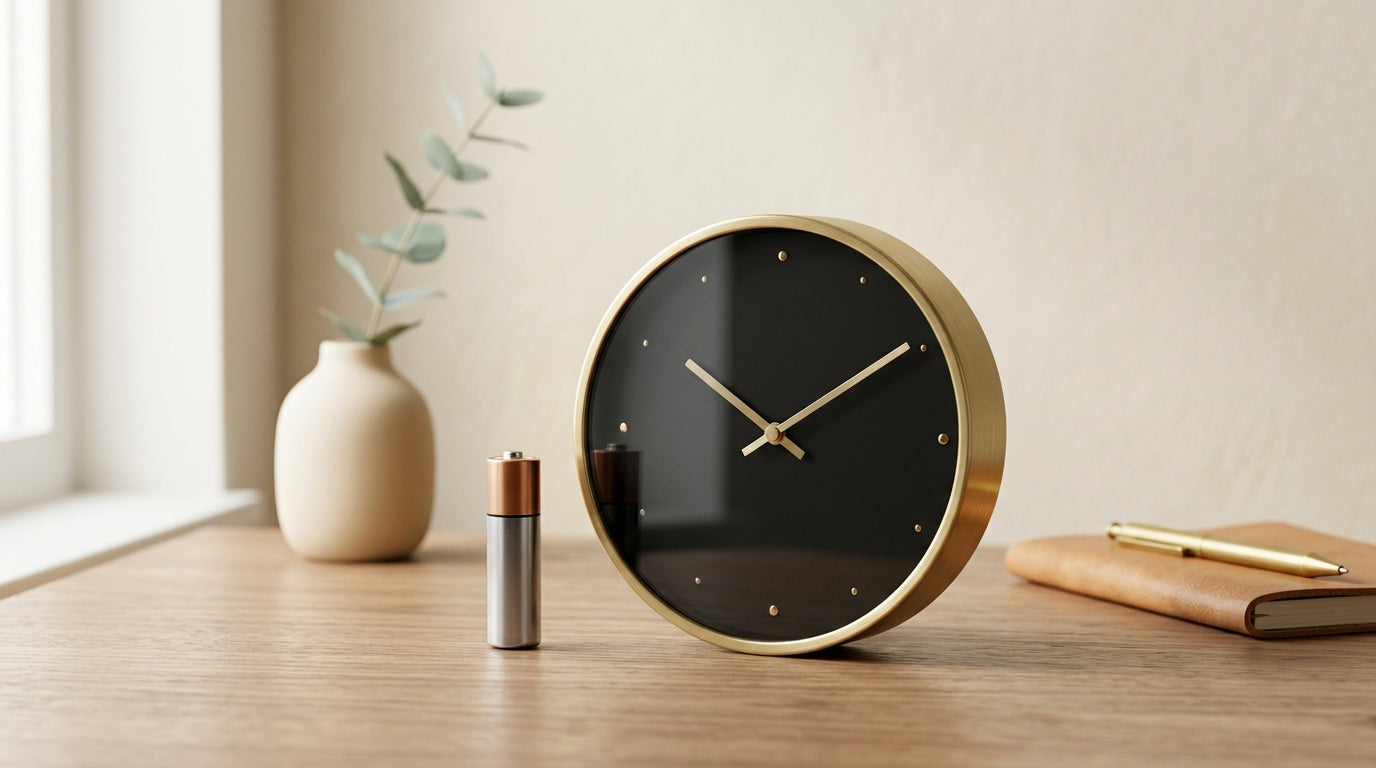 Pile AA neuve à côté d'une horloge murale moderne sur table en bois clair