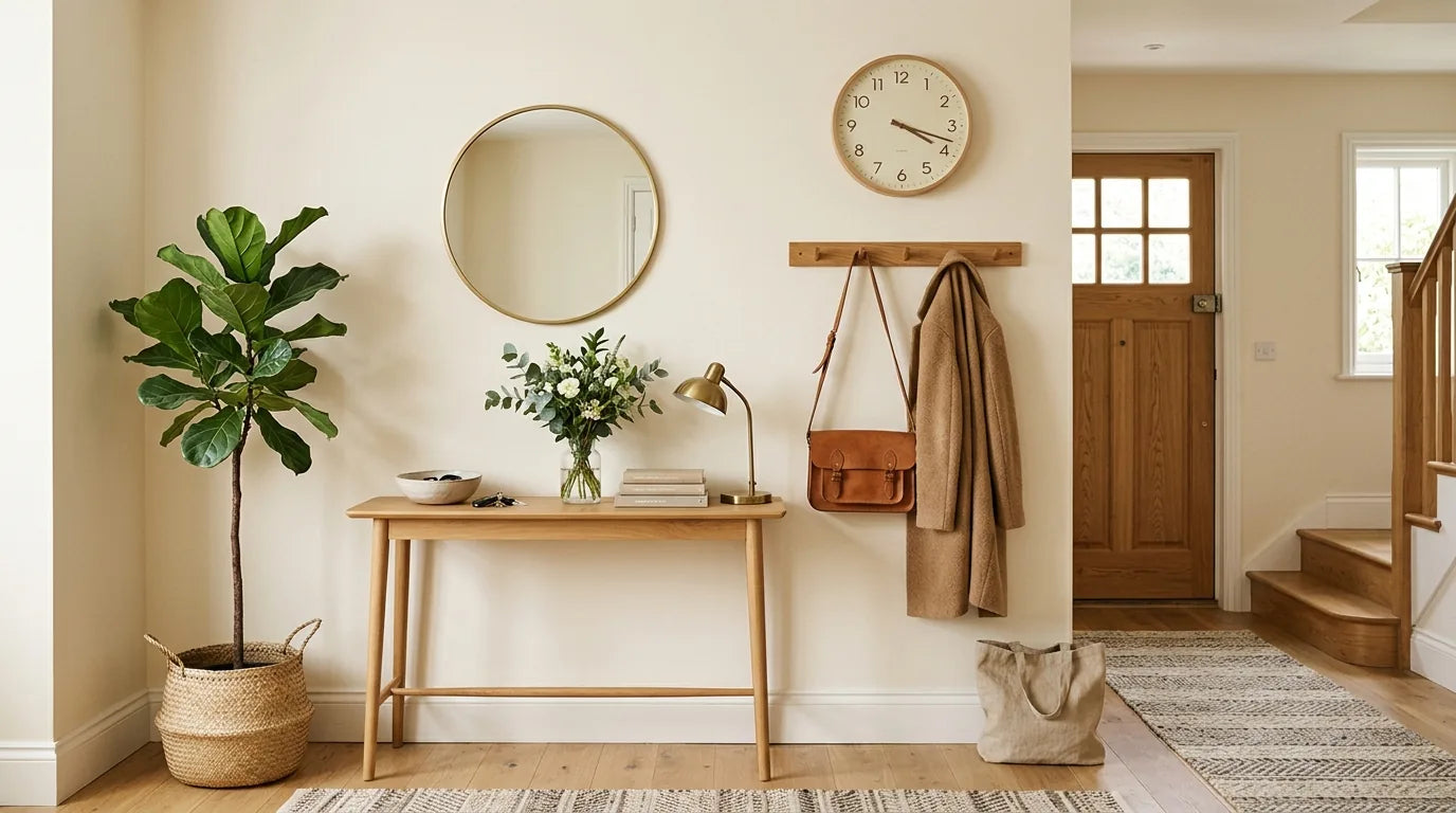 Composition complète d'une entrée fonctionnelle avec clés miroir plante et horloge