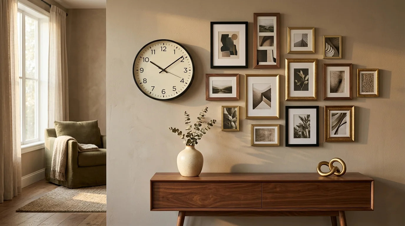 Composition asymétrique d'un mur de cadres avec horloge décalée pour effet dynamique