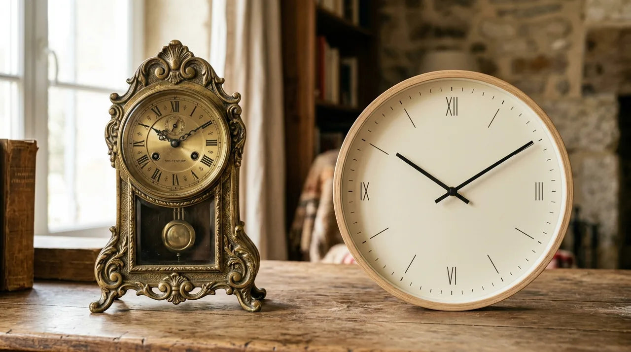Contraste entre une horloge à pendule ancienne et une horloge moderne scandinave illustrant l'évolution