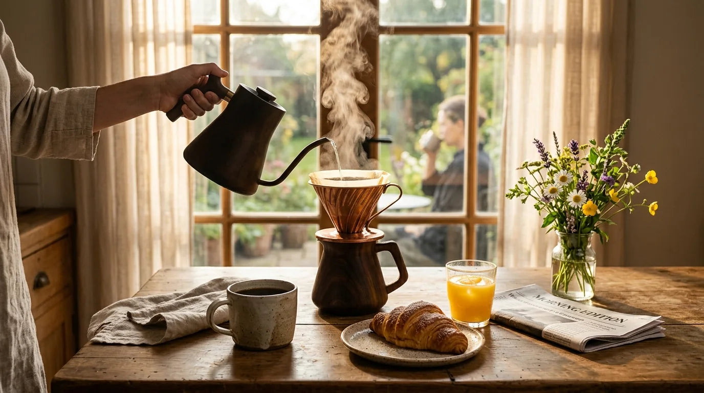 Cortisol hormone du réveil scène matinale avec café et lever du jour