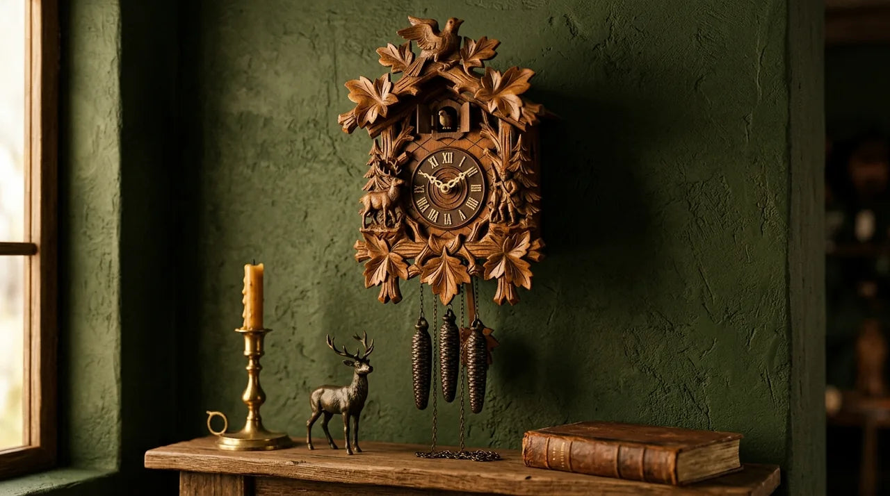 Horloge coucou traditionnelle de la Forêt-Noire en bois de tilleul sculpté à la main