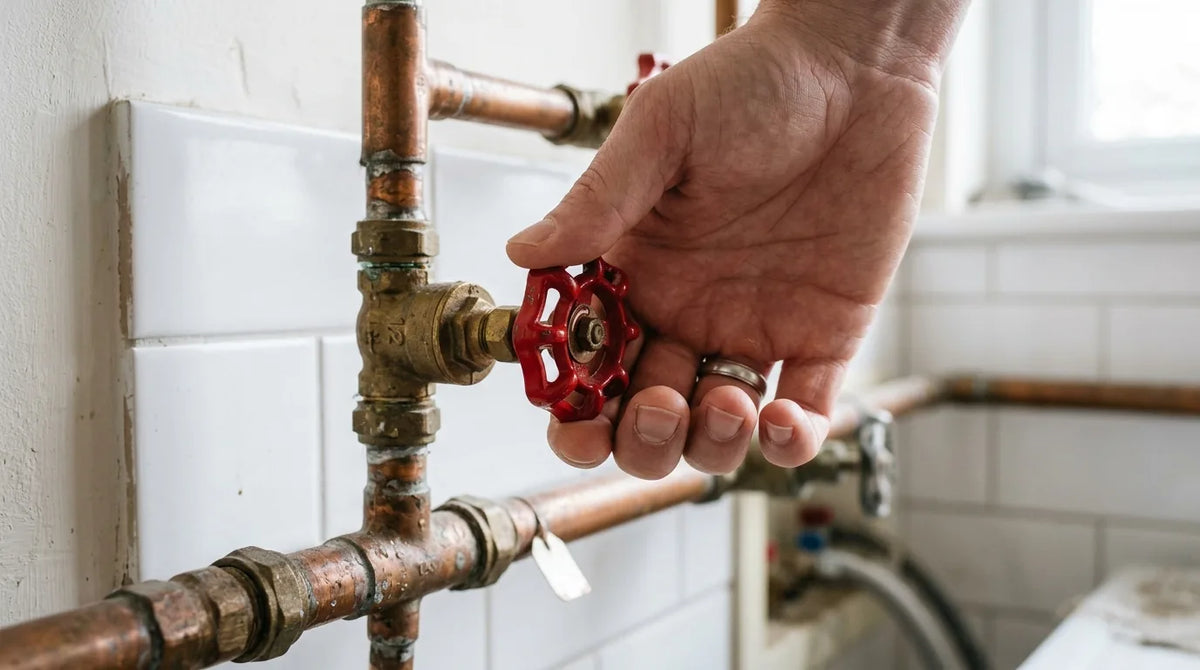 Main coupant l'arrivée d'eau principale avant un départ en vacances pour prévenir les fuites