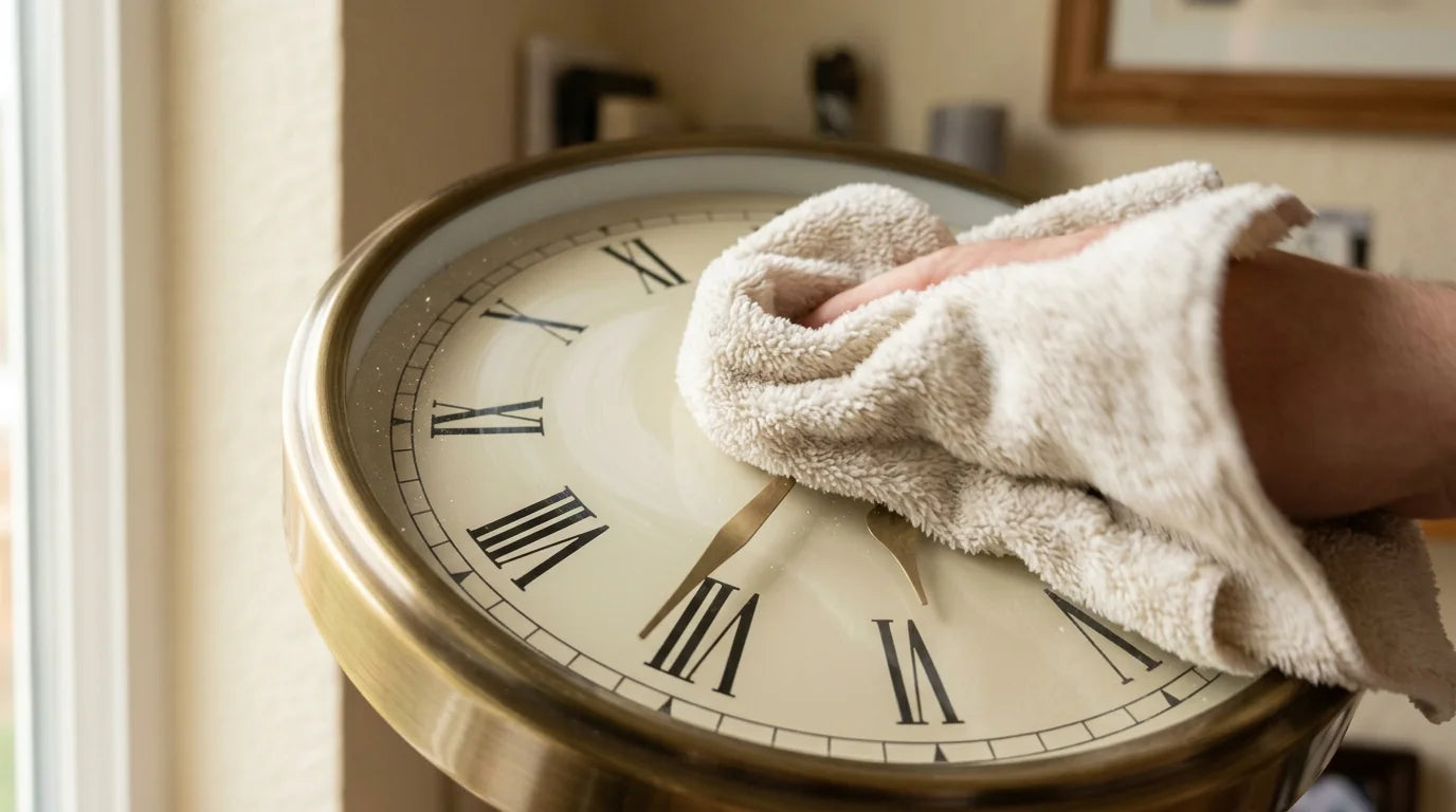 Dépoussiérage du cadran d'une horloge murale avec un chiffon microfibre sec