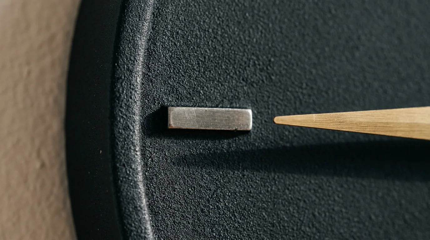 Détail d'une horloge en métal noir mat montrant le relief du cadre et la finition