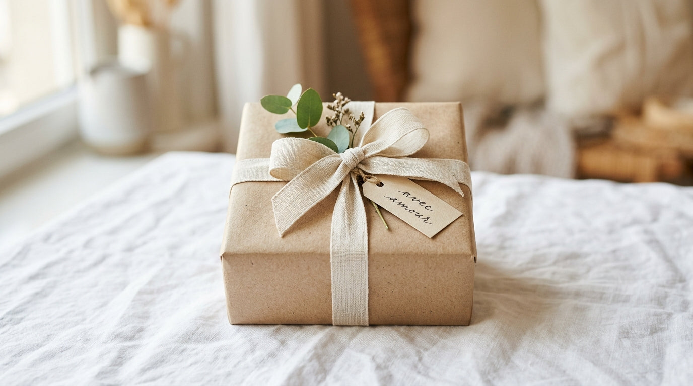 Emballage cadeau soigné horloge murale en papier kraft naturel et ruban en lin