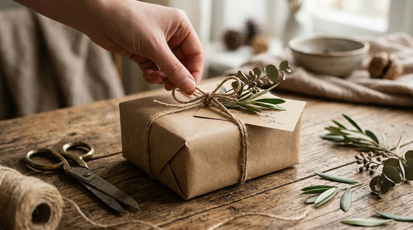 Emballage soigné d'un cadeau de Fête des Pères en papier kraft avec carte manuscrite