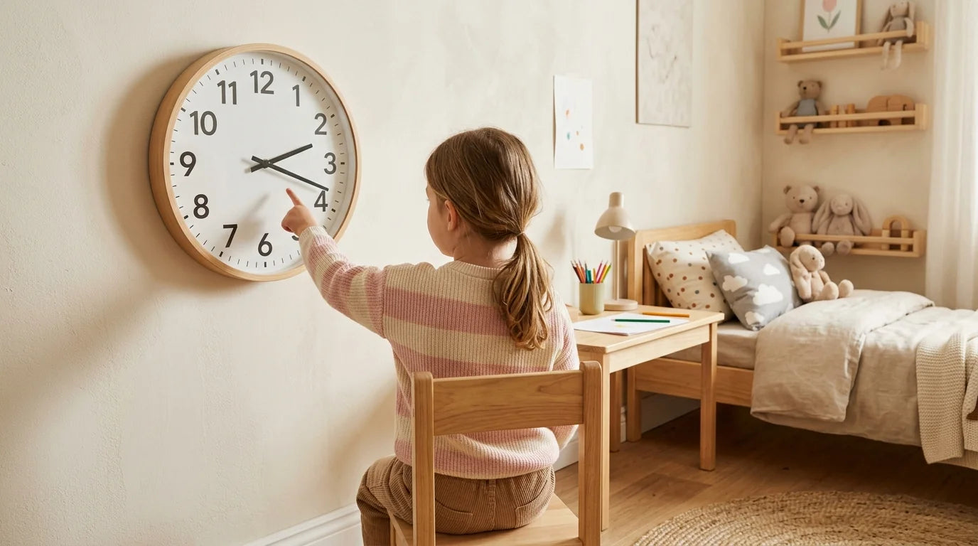 Enfant pointant une horloge murale dans sa chambre pour apprendre à lire l'heure