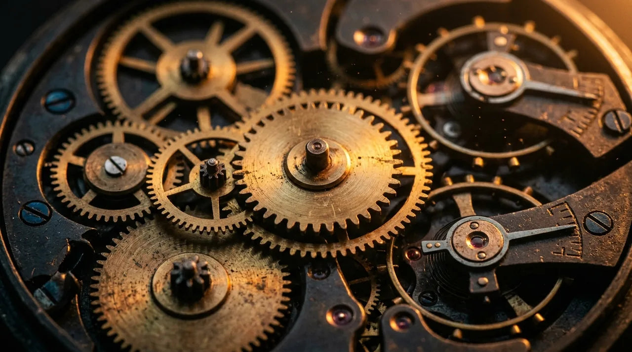 Engrenages mécaniques circulaires en bronze d'une horloge ancienne illustrant le mouvement rotatif