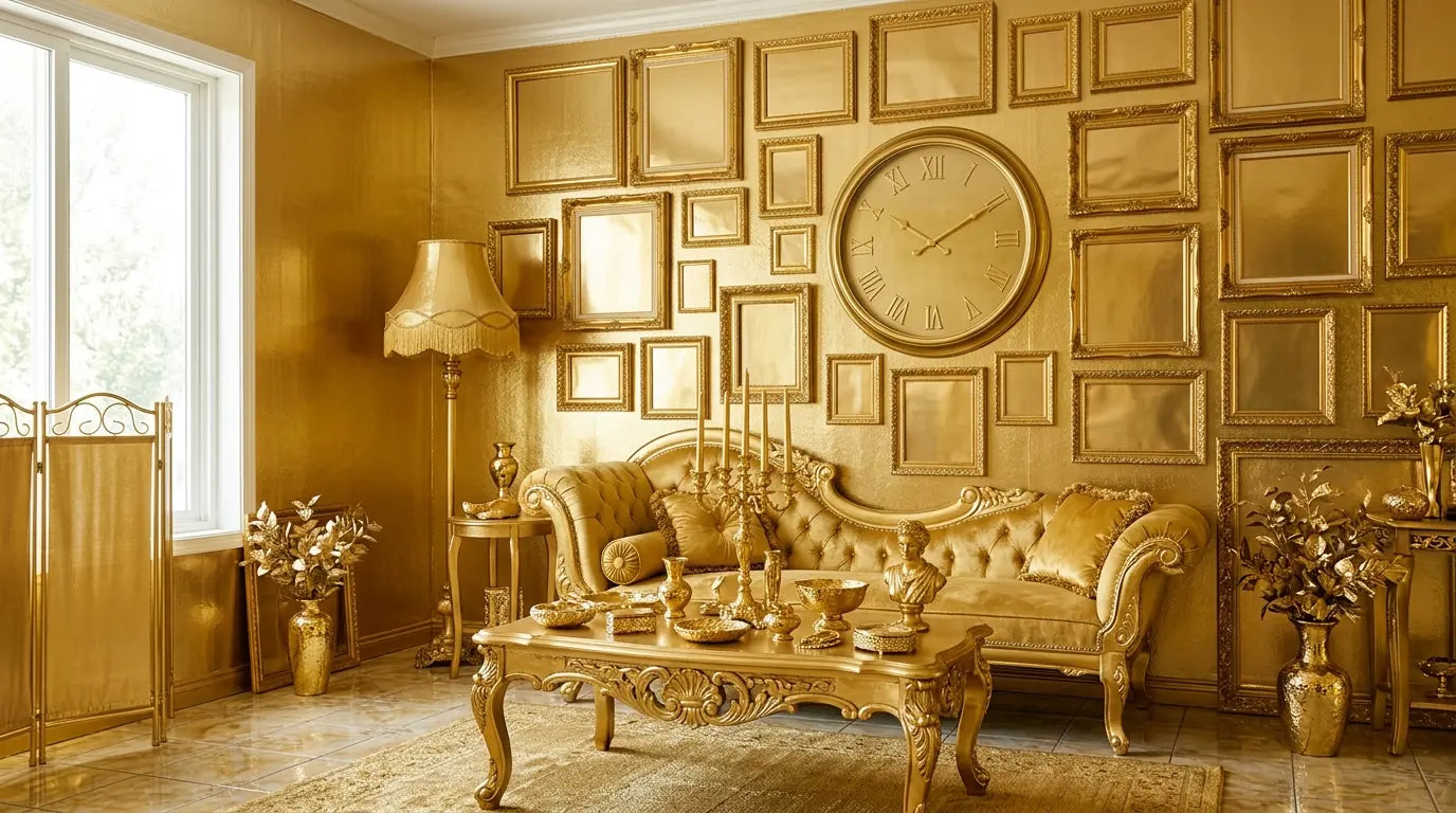 Erreur de déco Art déco avec trop d'or kitsch et surcharge dorée créant un déséquilibre