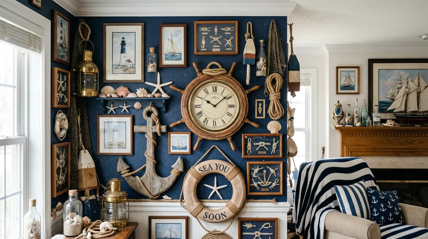 Exemple de déco bord de mer trop chargée à éviter avec excès d'objets marins