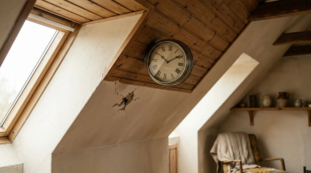Erreur de fixation d'horloge sur une pente de toit mansardée illustrant un mauvais choix