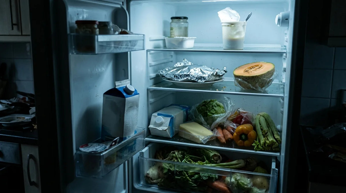 Frigo laissé plein pendant les vacances avec aliments périssables visibles