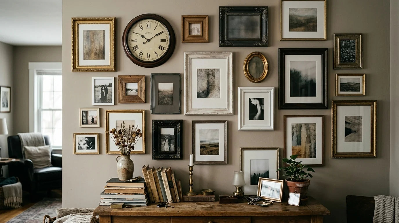 Exemple d'erreur de gallery wall avec trop de cadres et horloge qui se perd visuellement